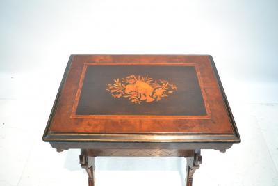 19th century Gothic side table Marquetry Inlaid Gold incised carved base