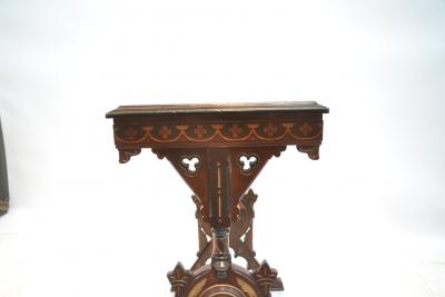 19th century Gothic side table Marquetry Inlaid Gold incised carved base