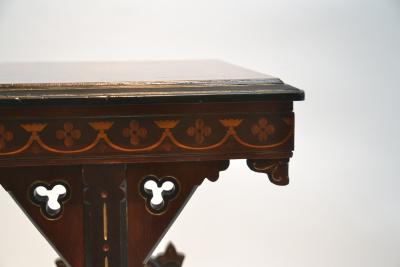 19th century Gothic side table Marquetry Inlaid Gold incised carved base
