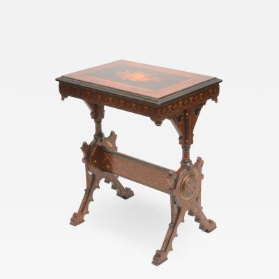 19th century Gothic side table Marquetry Inlaid Gold incised carved base