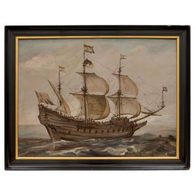 19th century gouache and watercolour painting of a Dutch galleon ship at sea