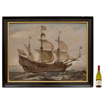19th century gouache and watercolour painting of a Dutch galleon ship at sea