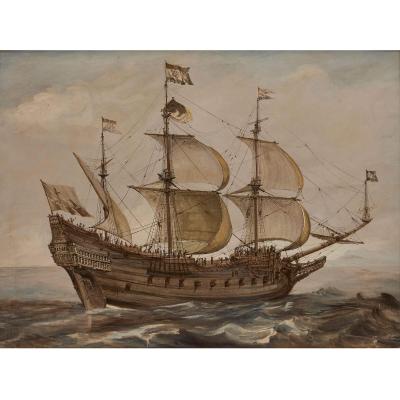 19th century gouache and watercolour painting of a Dutch galleon ship at sea