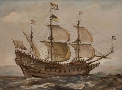 19th century gouache and watercolour painting of a Dutch galleon ship at sea