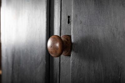 19thC English Inverted Ebonised Breakfront Housekeepers Cupboard