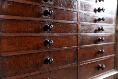 19thC English Mahogany Marble Top Collectors Cabinet