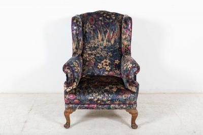 19thC English Mahogany Wingback Armchair Re upholstered in Liberty