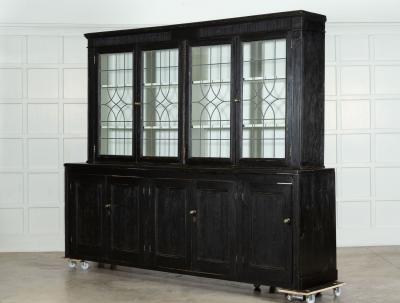 19thC English Monumental Ebonised Pine Glazed Dresser