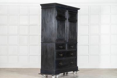 19thC English Oak Painted Linen Press