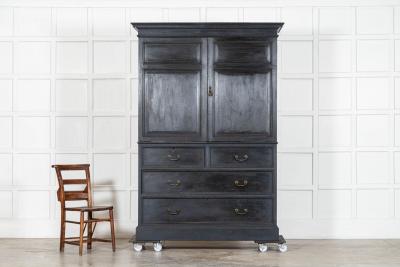 19thC English Oak Painted Linen Press