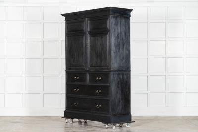 19thC English Oak Painted Linen Press