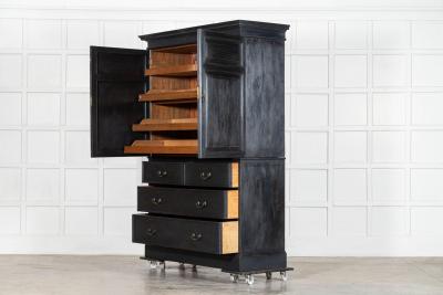 19thC English Oak Painted Linen Press