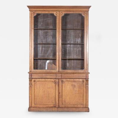 19thC English Tall Oak Glazed Bookcase Cabinet