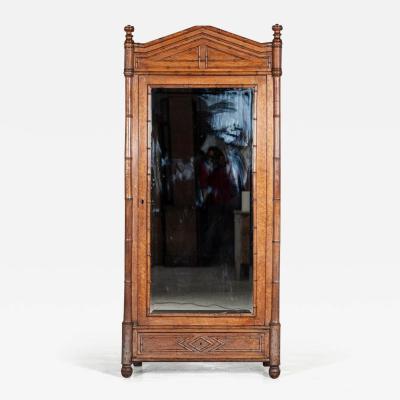 19thC French Faux Bamboo Walnut Mirrored Armoire