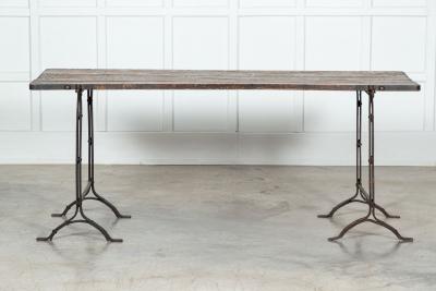 19thC Iron Pine Trestle Table