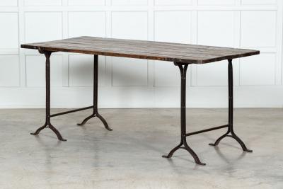 19thC Iron Pine Trestle Table
