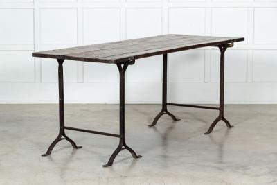 19thC Iron Pine Trestle Table