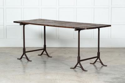 19thC Iron Pine Trestle Table