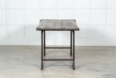 19thC Iron Pine Trestle Table