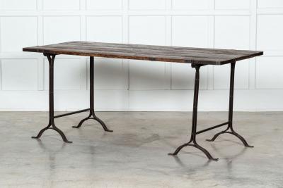 19thC Iron Pine Trestle Table