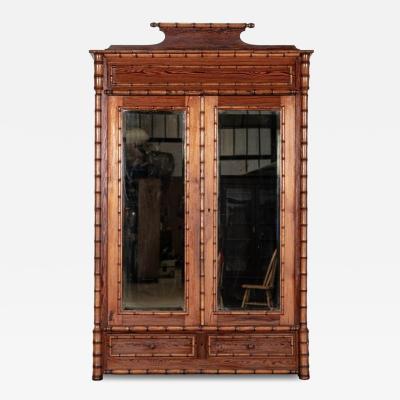 19thC Large French Pine Faux Bamboo Wardrobe