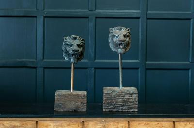 19thC Pair Cast Iron Mounted Lion Masks