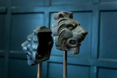 19thC Pair Cast Iron Mounted Lion Masks