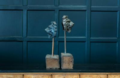 19thC Pair Cast Iron Mounted Lion Masks