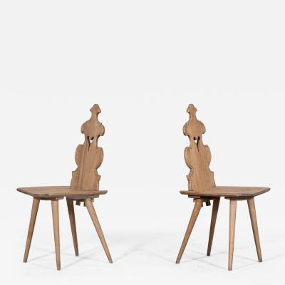 19thC Pair Swiss Elm Hall Chairs