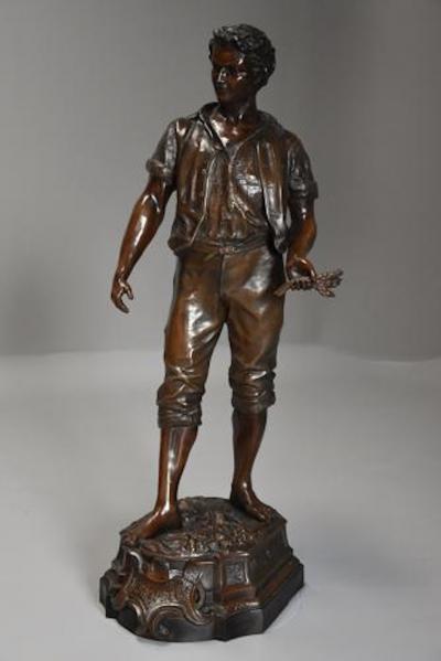 19thc large bronzed spelter figure of a farm labourer signed Milliot