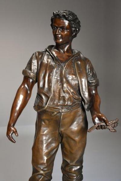 19thc large bronzed spelter figure of a farm labourer signed Milliot