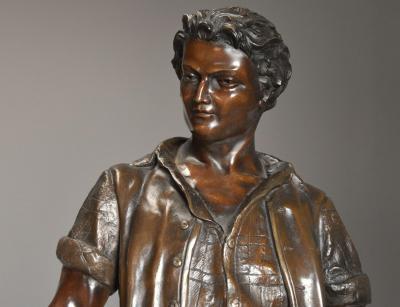 19thc large bronzed spelter figure of a farm labourer signed Milliot
