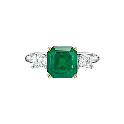 2 19 Carat Natural Emerald 3 Stone Ring with Baguette Diamond in 18K White Gold