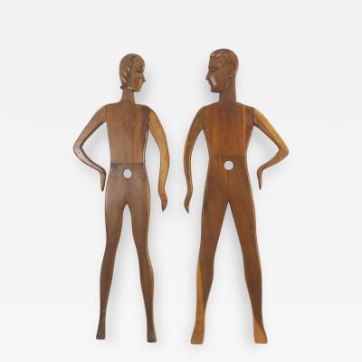 2 American Art Deco Stained Pine Mannequin Panel Figures