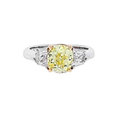 2 CARAT CUSHION CUT DIAMOND FANCY YELLOW GIA SIDE BULLETS RING