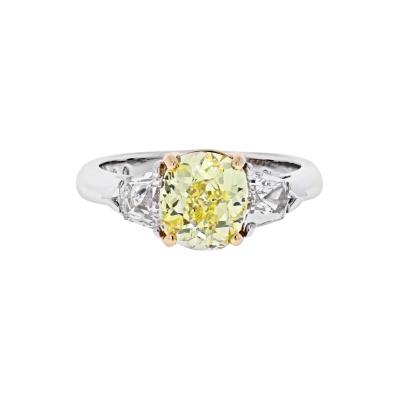 2 CARAT CUSHION CUT DIAMOND FANCY YELLOW GIA WITH SIDE BULLETS ENGAGEMENT RING