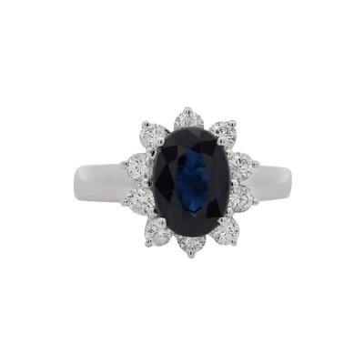 2 Carat Oval Cut Blue Sapphire Round Diamond Halo Setting Statement Ring