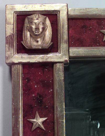 2 French 1940s Parcel Gilt Red Reverse Painted Glass Wall Mirrors