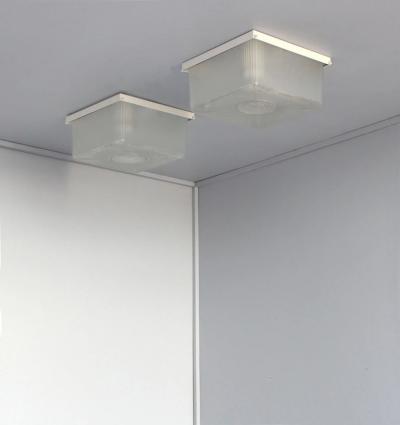 2 French Art Deco Textured Glass Flush Mounts with a Painted Metal Frame