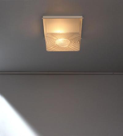 2 French Art Deco Textured Glass Flush Mounts with a Painted Metal Frame