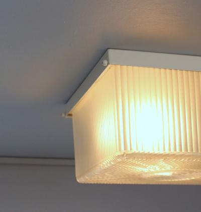 2 French Art Deco Textured Glass Flush Mounts with a Painted Metal Frame