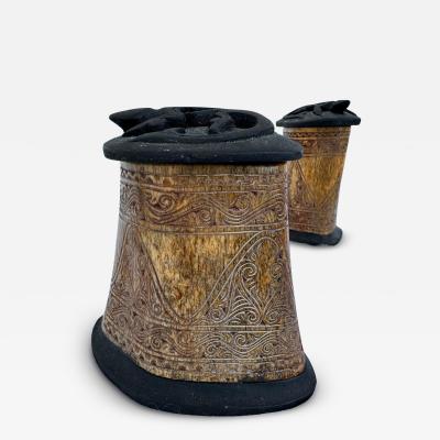 2 Intricate Carved Bone Containers with Lid
