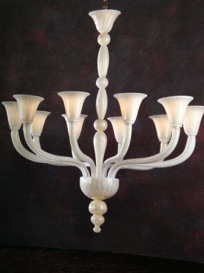 2 Italian Modern Neoclassical Hand Blown White and Gold Murano Glass Chandeliers