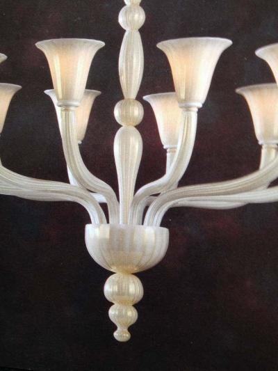 2 Italian Modern Neoclassical Hand Blown White and Gold Murano Glass Chandeliers