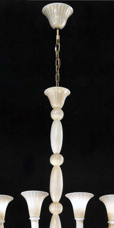 2 Italian Modern Neoclassical Hand Blown White and Gold Murano Glass Chandeliers