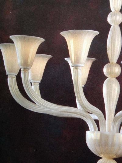 2 Italian Modern Neoclassical Hand Blown White and Gold Murano Glass Chandeliers