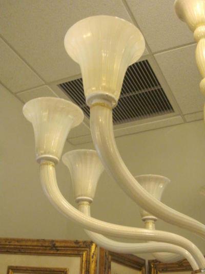 2 Italian Modern Neoclassical Hand Blown White and Gold Murano Glass Chandeliers