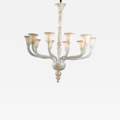 2 Italian Modern Neoclassical Hand Blown White and Gold Murano Glass Chandeliers