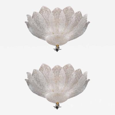 2 Large Murano or Venetian Dew Glass Floral Form Flush Mount Chandeliers