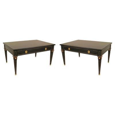 2 Maison Jansen French Louis XVI Style Ebonized and Gilt Coffee Tables